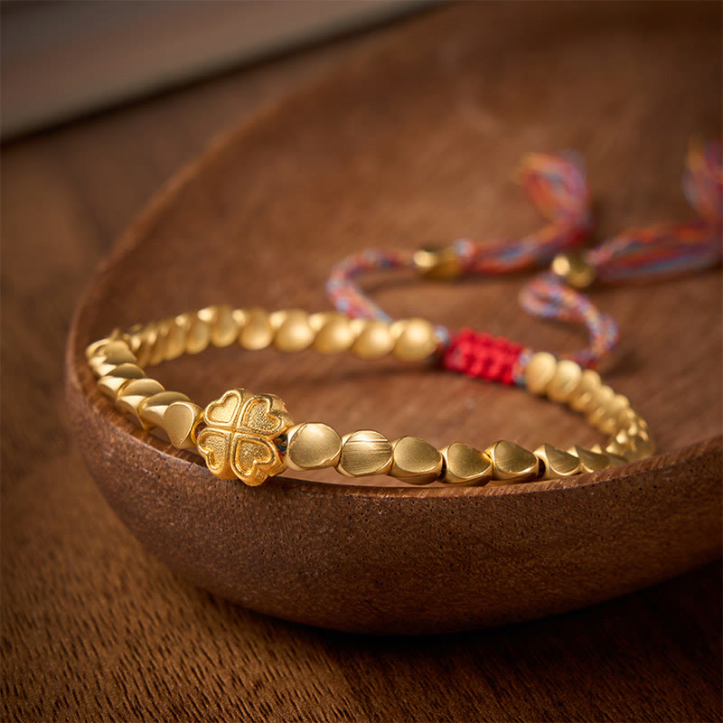 Buddha Stones Pulsera de cuentas de cobre tibetano con trébol de cuatro hojas y cordón colorido para la buena suerte - image 1