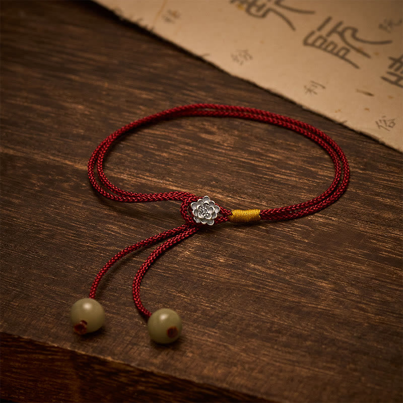 Buddha Stones Pulsera vintage de plata de ley 925 con hilo rojo trenzado Lotus Purity - Loto (Circunferencia de la muñeca: 5,5–7,1 pulgadas/14–18 cm) - image 0
