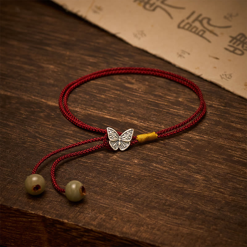 Buddha Stones Pulsera vintage de plata de ley 925 con diseño de mariposa y cordón trenzado rojo. - Mariposa (circunferencia de la muñeca: 5,5–7,1 pulgadas/14–18 cm) - image 0
