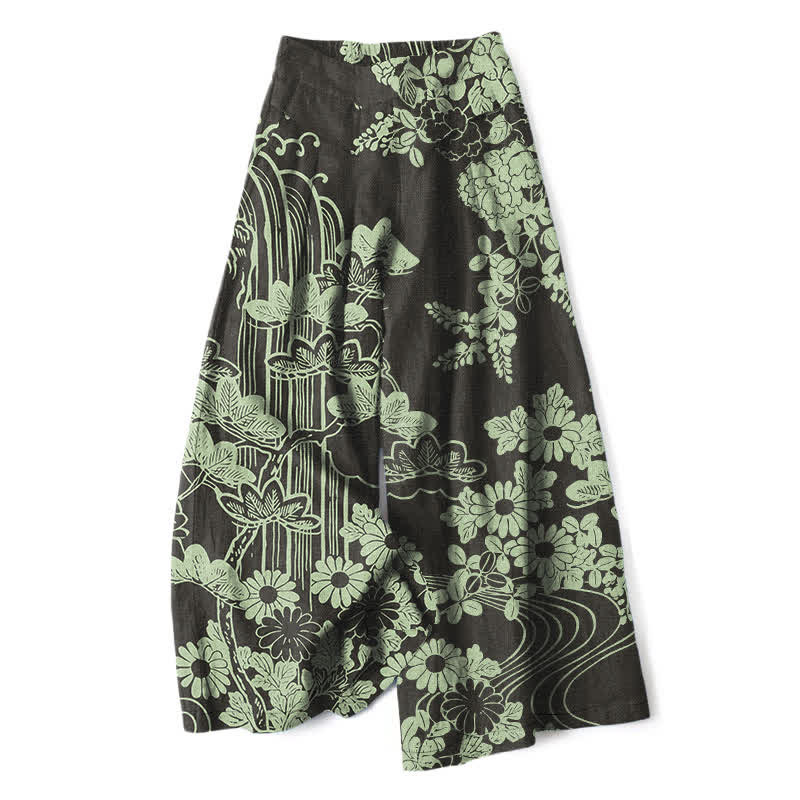 Buddha Stones Pantalones de mujer de lino y algodón con estampado floral vintage, cintura elástica, pernera ancha y bolsillos. - Negro - US16，UK/AU20，EU48 (3XL) - image 0