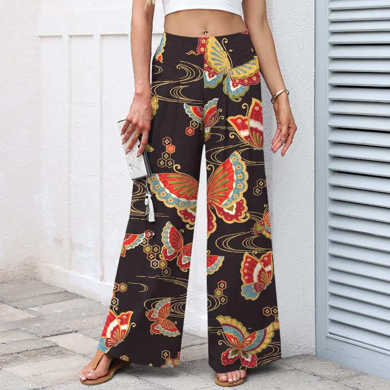 Buddha Stones Pantalones de mujer de lino y algodón con estampado de mariposas de colores, cintura elástica y pernera ancha con bolsillos. - image 1