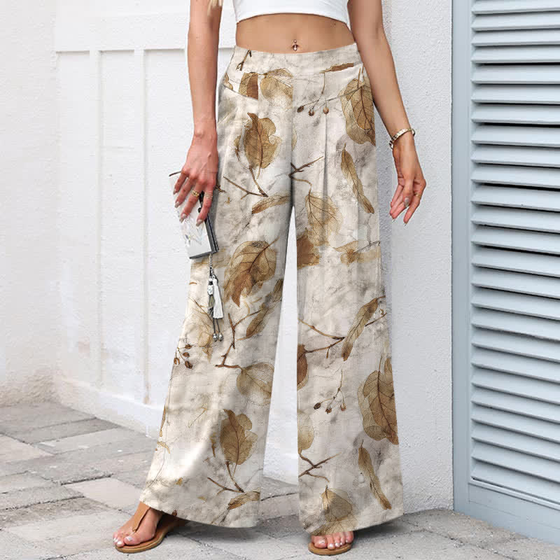 Buddha Stones Pantalones de mujer de lino y algodón con estampado botánico de hojas, cintura elástica y pernera ancha con bolsillos. - image 1