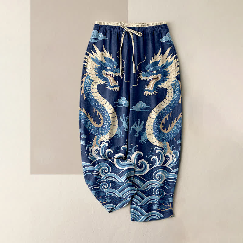 Buddha Stones Pantalones de mujer de algodón puro con estampado de doble dragón y cintura elástica, con bolsillos. - Marina de guerra - US16，UK/AU20，EU48 (3XL) - image 0