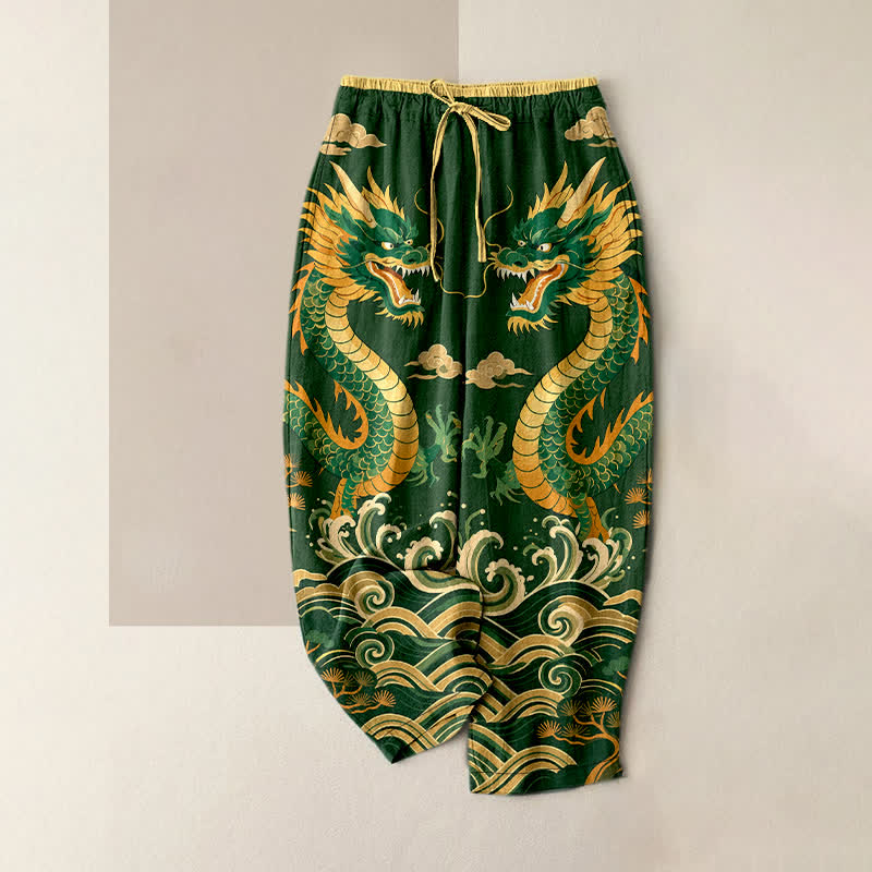 Buddha Stones Pantalones de mujer de algodón puro con estampado de doble dragón y cintura elástica, con bolsillos. - Verde bosque - US16，UK/AU20，EU48 (3XL) - image 4
