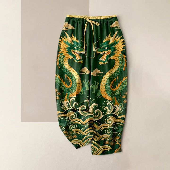 Buddha Stones Pantalones de mujer de algodón puro con estampado de doble dragón y cintura elástica, con bolsillos. - Verde bosque - US16，UK/AU20，EU48 (3XL) - image 4