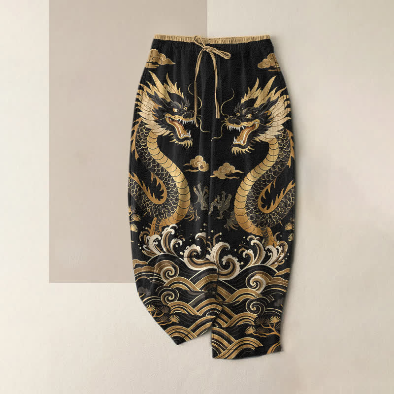 Buddha Stones Pantalones de mujer de algodón puro con estampado de doble dragón y cintura elástica, con bolsillos. - Negro - US16，UK/AU20，EU48 (3XL) - image 5