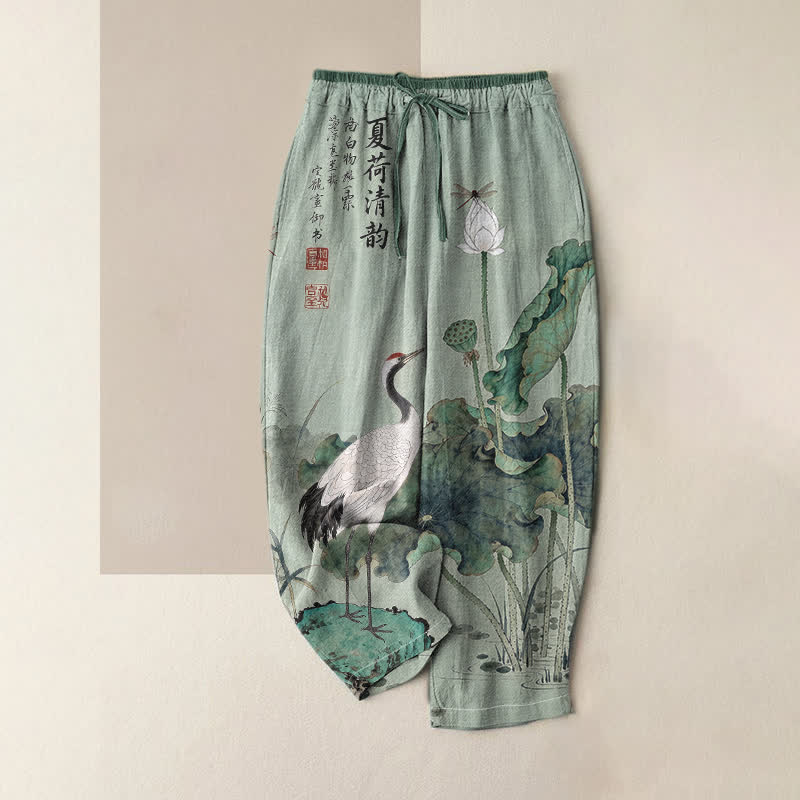 Buddha Stones Pantalones de mujer de algodón puro con estampado de grullas y lotos, cintura elástica y bolsillos. - Verde mar oscuro - US16，UK/AU20，EU48 (3XL) - image 3