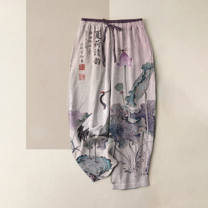 Buddha Stones Pantalones de mujer de algodón puro con estampado de grullas y lotos, cintura elástica y bolsillos. - Cardo - US16，UK/AU20，EU48 (3XL) - image 4