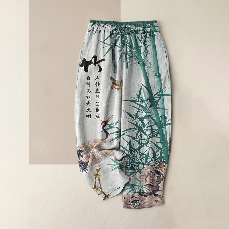 Buddha Stones Pantalones de mujer de algodón puro con estampado artístico de grullas de bambú y cintura elástica con bolsillos. - Azul claro - US16，UK/AU20，EU48 (3XL) - image 3