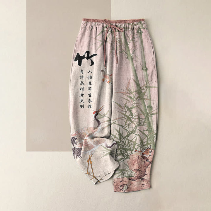 Buddha Stones Pantalones de mujer de algodón puro con estampado artístico de grullas de bambú y cintura elástica con bolsillos. - Rubor lavanda - US16，UK/AU20，EU48 (3XL) - image 4
