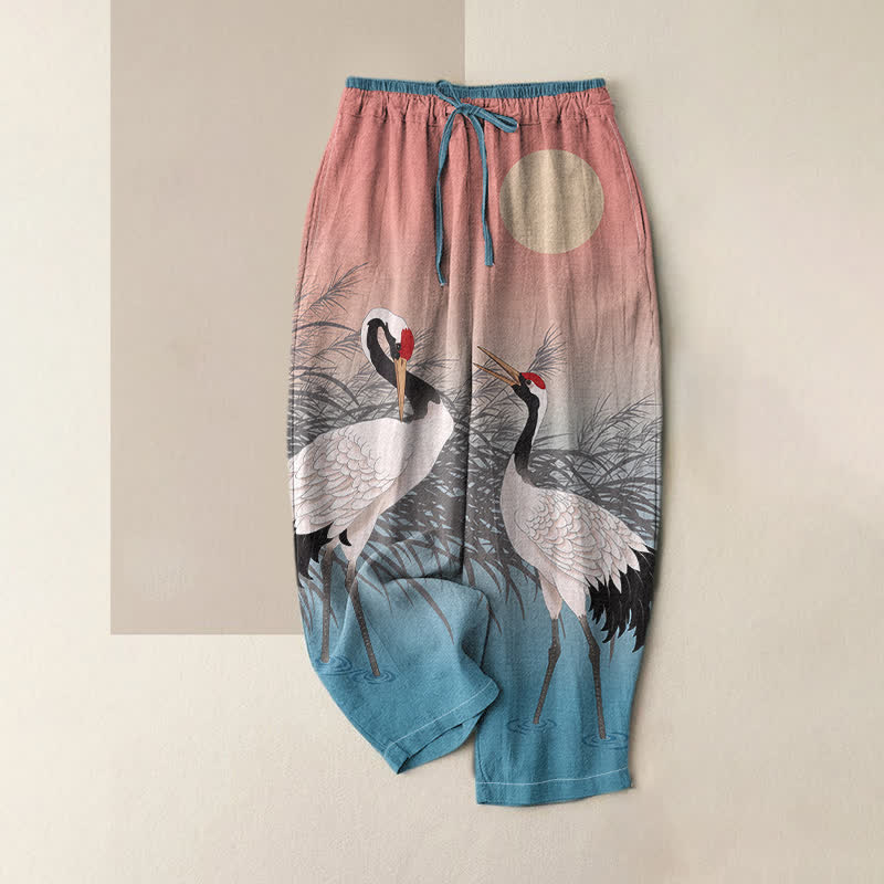 Buddha Stones Pantalones de mujer de algodón puro con estampado de grullas orientales y cintura elástica con bolsillos. - Coral claro - US16，UK/AU20，EU48 (3XL) - image 3