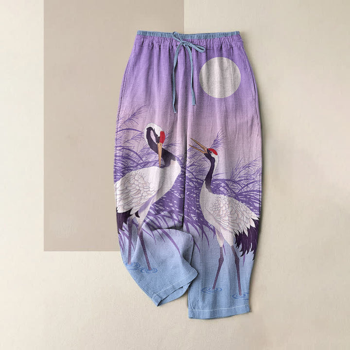 Buddha Stones Pantalones de mujer de algodón puro con estampado de grullas orientales y cintura elástica con bolsillos. - Morado medio - US16，UK/AU20，EU48 (3XL) - image 4