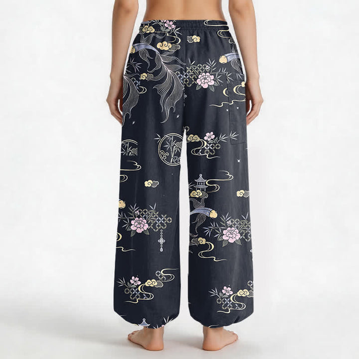 Buddha Stones Pantalones harem de algodón para mujer con estampado de nubes de bambú y peces koi, cintura elástica y bolsillos laterales. - image 2