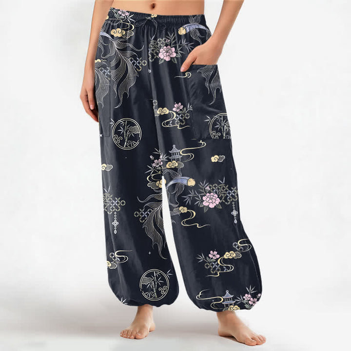 Buddha Stones Pantalones harem de algodón para mujer con estampado de nubes de bambú y peces koi, cintura elástica y bolsillos laterales. - Negro - US16，UK/AU20，EU48 (3XL) - image 0