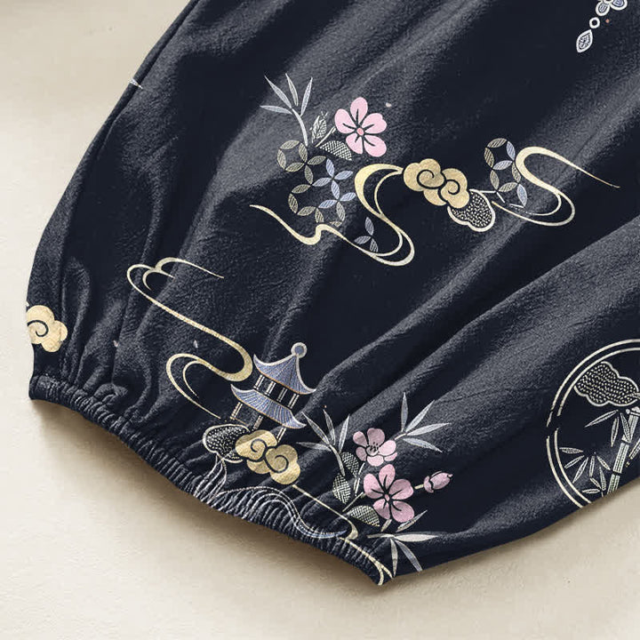 Buddha Stones Pantalones harem de algodón para mujer con estampado de nubes de bambú y peces koi, cintura elástica y bolsillos laterales. - image 6