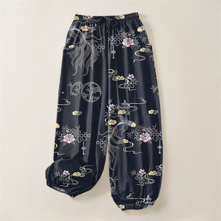 Buddha Stones Pantalones harem de algodón para mujer con estampado de nubes de bambú y peces koi, cintura elástica y bolsillos laterales. - image 3