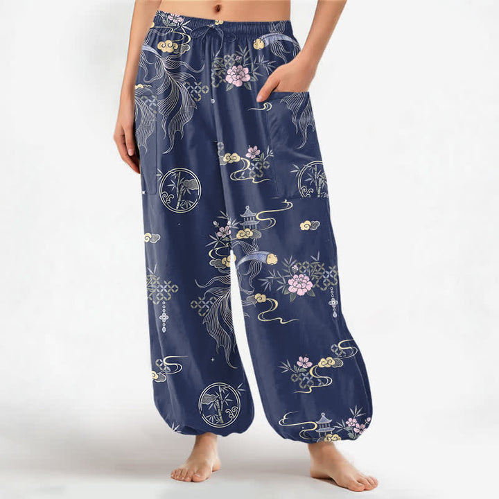 Buddha Stones Pantalones harem de algodón para mujer con estampado de nubes de bambú y peces koi, cintura elástica y bolsillos laterales. - Marina de guerra - US16，UK/AU20，EU48 (3XL) - image 7