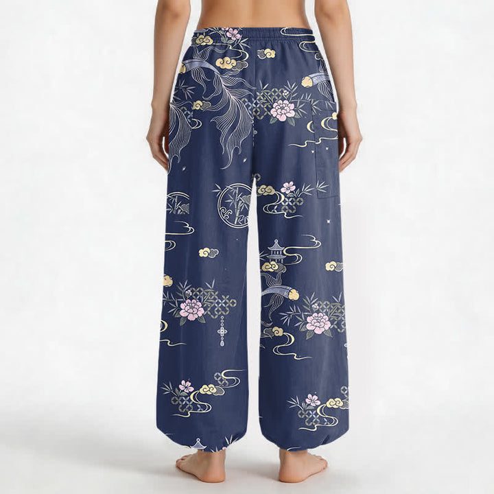 Buddha Stones Pantalones harem de algodón para mujer con estampado de nubes de bambú y peces koi, cintura elástica y bolsillos laterales. - image 9