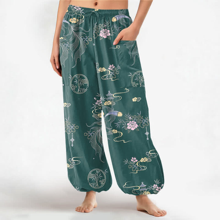 Buddha Stones Pantalones harem de algodón para mujer con estampado de nubes de bambú y peces koi, cintura elástica y bolsillos laterales. - Verde azulado - US16，UK/AU20，EU48 (3XL) - image 10