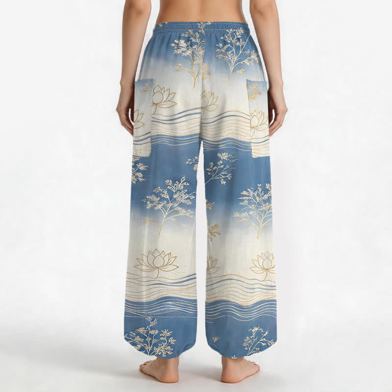 Buddha Stones Pantalones harem de algodón con estampado de olas de loto y cintura elástica para mujer, con bolsillos laterales. - image 2