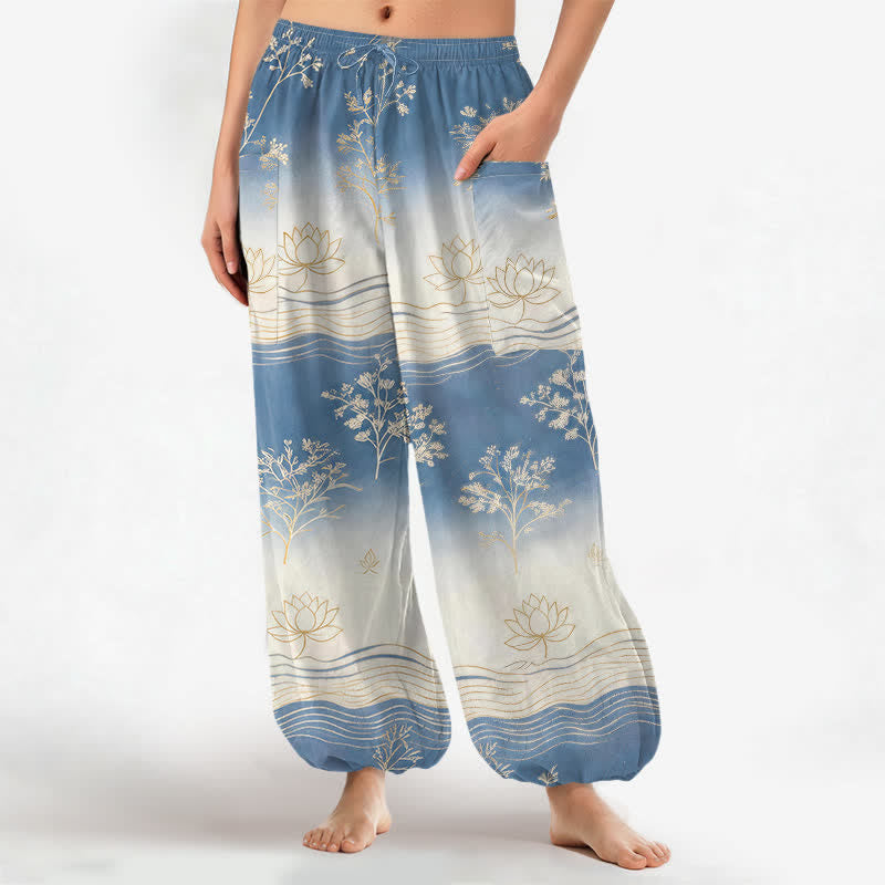 Buddha Stones Pantalones harem de algodón con estampado de olas de loto y cintura elástica para mujer, con bolsillos laterales. - Azul aciano - US16，UK/AU20，EU48 (3XL) - image 0