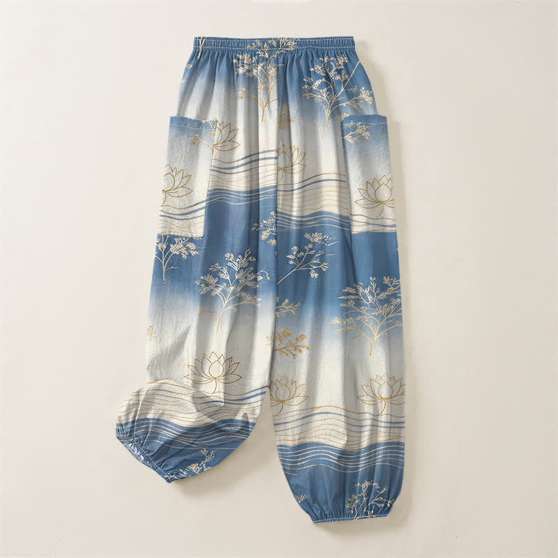Buddha Stones Pantalones harem de algodón con estampado de olas de loto y cintura elástica para mujer, con bolsillos laterales. - image 4