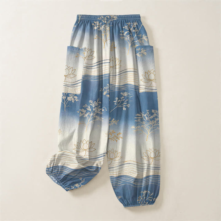 Buddha Stones Pantalones harem de algodón con estampado de olas de loto y cintura elástica para mujer, con bolsillos laterales. - image 4