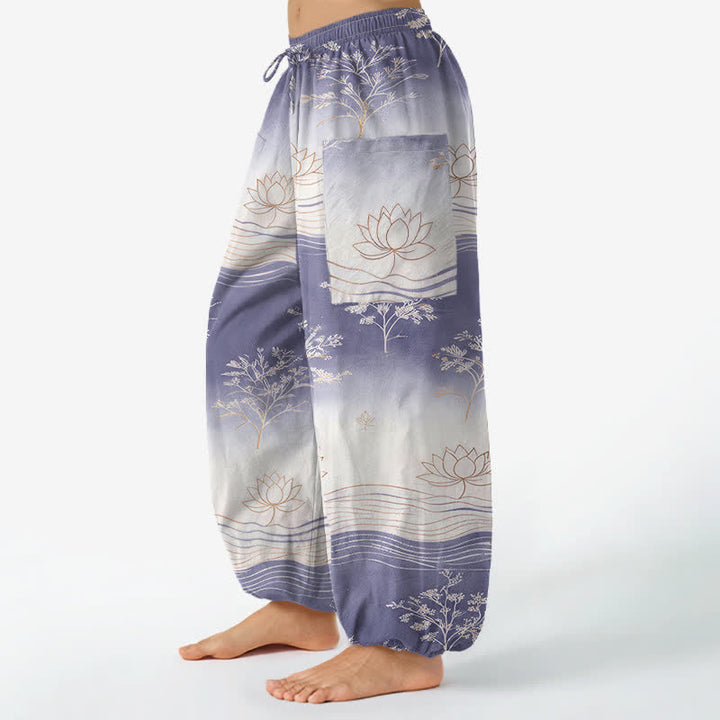 Buddha Stones Pantalones harem de algodón con estampado de olas de loto y cintura elástica para mujer, con bolsillos laterales. - image 8