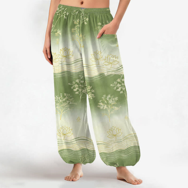 Buddha Stones Pantalones harem de algodón con estampado de olas de loto y cintura elástica para mujer, con bolsillos laterales. - Verde pálido - US16，UK/AU20，EU48 (3XL) - image 10
