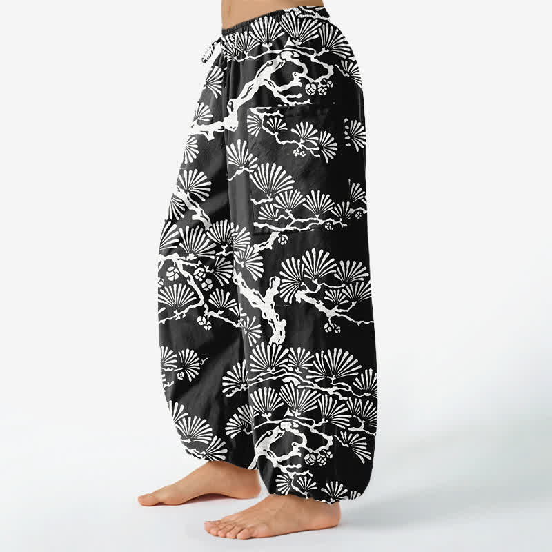 Buddha Stones Pantalones harem de algodón con estampado de follaje oriental para mujer, cintura elástica y bolsillos laterales. - image 1
