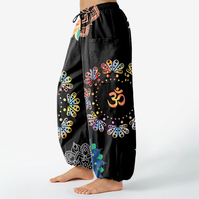 Buddha Stones Pantalones harem de algodón con estampado de mandala de loto OM para mujer, cintura elástica y bolsillos laterales. - image 1