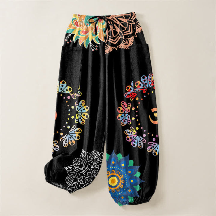 Buddha Stones Pantalones harem de algodón con estampado de mandala de loto OM para mujer, cintura elástica y bolsillos laterales. - image 3