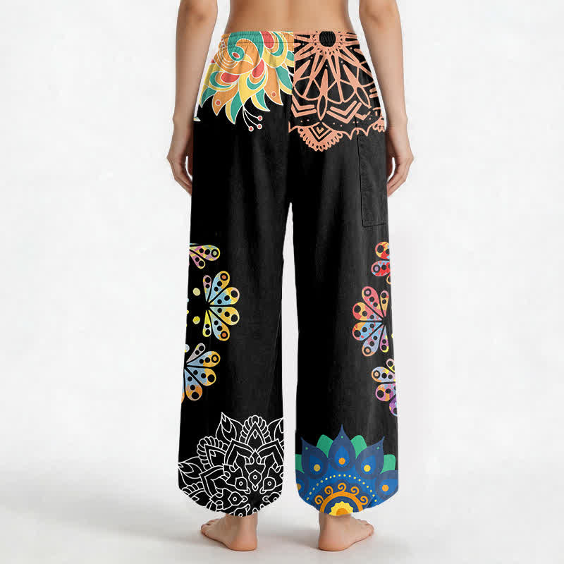Buddha Stones Pantalones harem de algodón con estampado de mandala de loto OM para mujer, cintura elástica y bolsillos laterales. - image 2