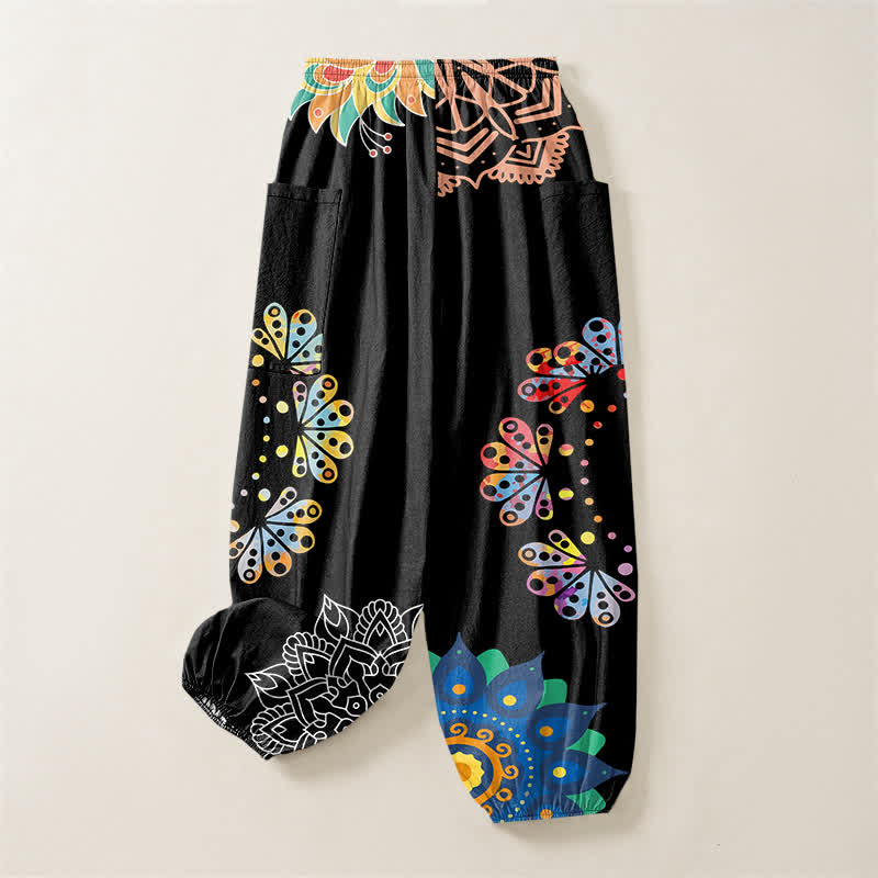 Buddha Stones Pantalones harem de algodón con estampado de mandala de loto OM para mujer, cintura elástica y bolsillos laterales. - image 4
