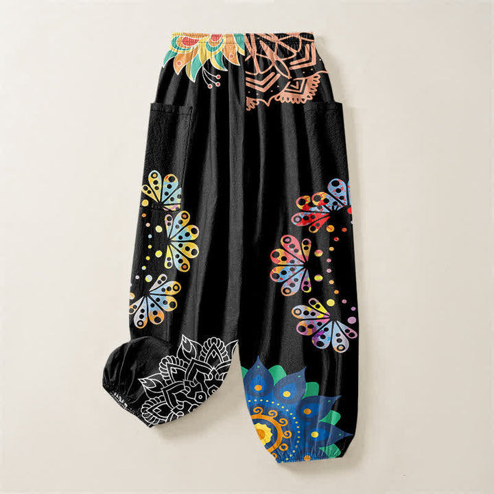 Buddha Stones Pantalones harem de algodón con estampado de mandala de loto OM para mujer, cintura elástica y bolsillos laterales. - image 4