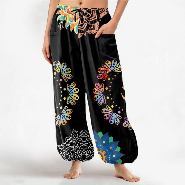 Buddha Stones Pantalones harem de algodón con estampado de mandala de loto OM para mujer, cintura elástica y bolsillos laterales. - Negro - US16，UK/AU20，EU48 (3XL) - image 0