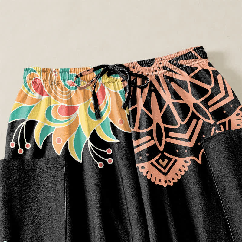 Buddha Stones Pantalones harem de algodón con estampado de mandala de loto OM para mujer, cintura elástica y bolsillos laterales. - image 5