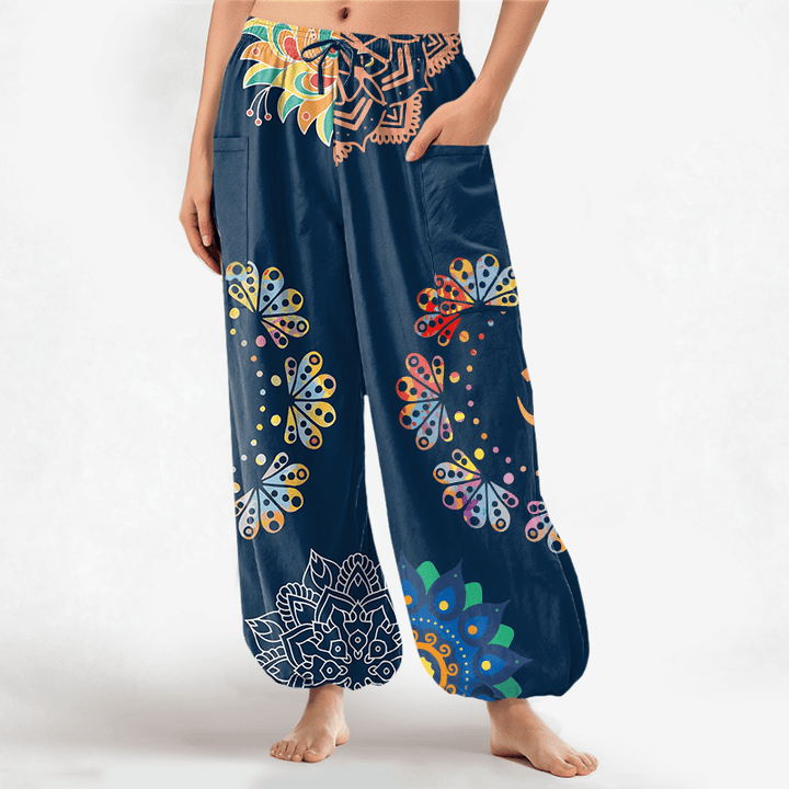 Buddha Stones Pantalones harem de algodón con estampado de mandala de loto OM para mujer, cintura elástica y bolsillos laterales. - Marina de guerra - US16，UK/AU20，EU48 (3XL) - image 7