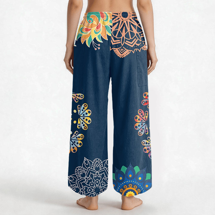 Buddha Stones Pantalones harem de algodón con estampado de mandala de loto OM para mujer, cintura elástica y bolsillos laterales. - image 9