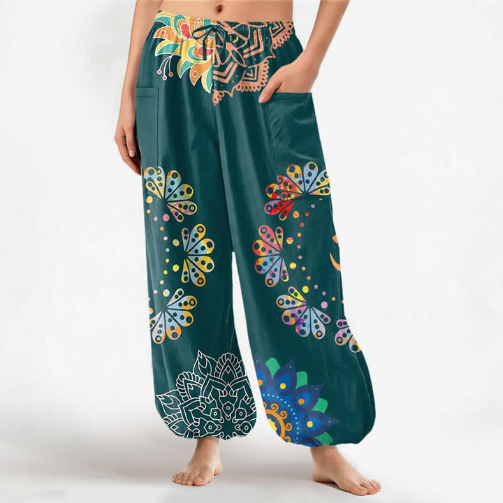 Buddha Stones Pantalones harem de algodón con estampado de mandala de loto OM para mujer, cintura elástica y bolsillos laterales. - Verde azulado - US16，UK/AU20，EU48 (3XL) - image 10