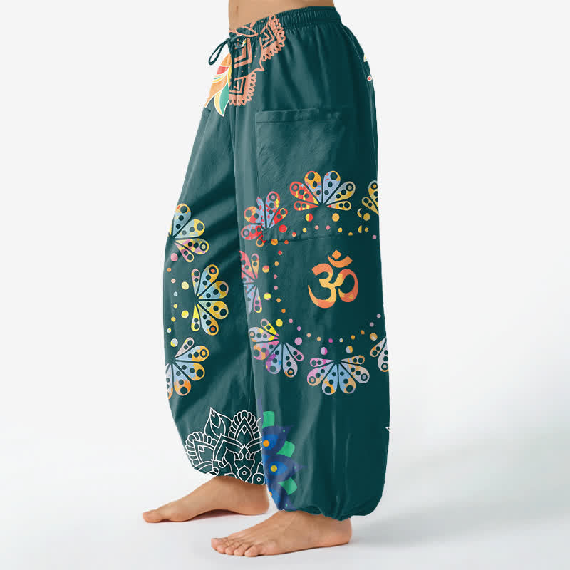 Buddha Stones Pantalones harem de algodón con estampado de mandala de loto OM para mujer, cintura elástica y bolsillos laterales. - image 11