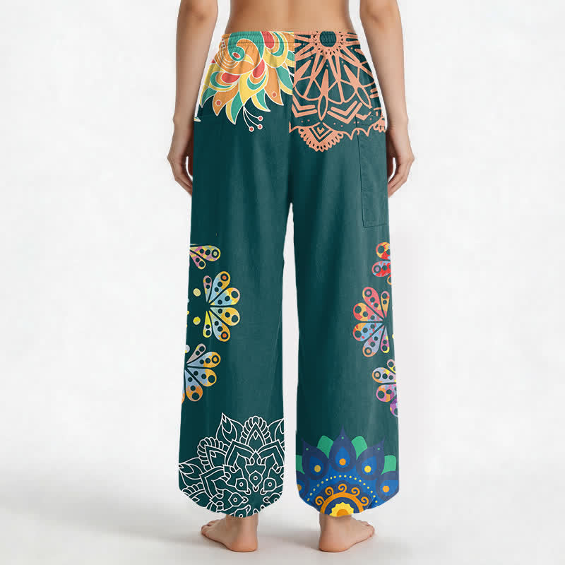 Buddha Stones Pantalones harem de algodón con estampado de mandala de loto OM para mujer, cintura elástica y bolsillos laterales. - image 12