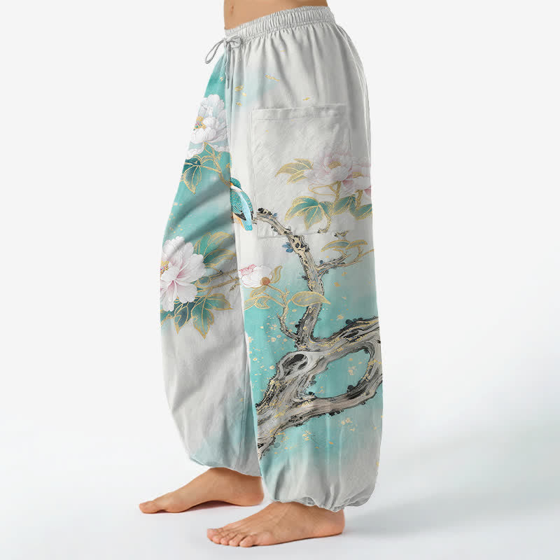 Buddha Stones Pantalones harem de algodón para mujer con estampado de jardín de peonías y pájaros, cintura elástica y bolsillos laterales. - image 1