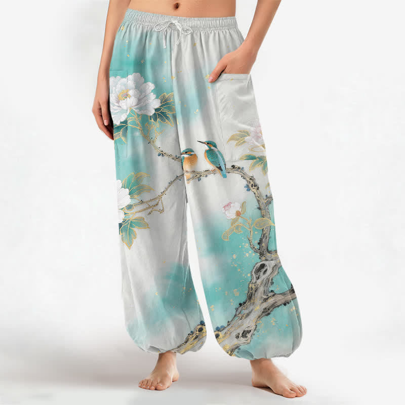 Buddha Stones Pantalones harem de algodón para mujer con estampado de jardín de peonías y pájaros, cintura elástica y bolsillos laterales. - Turquesa - US16，UK/AU20，EU48 (3XL) - image 0