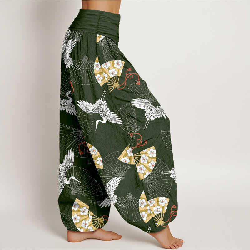 Buddha Stones Pantalones harem de algodón con estampado de abanico de grulla oriental para mujer con cintura elástica. - image 1