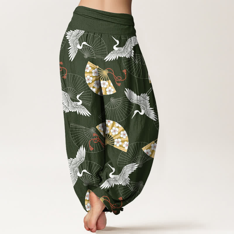 Buddha Stones Pantalones harem de algodón con estampado de abanico de grulla oriental para mujer con cintura elástica. - image 2
