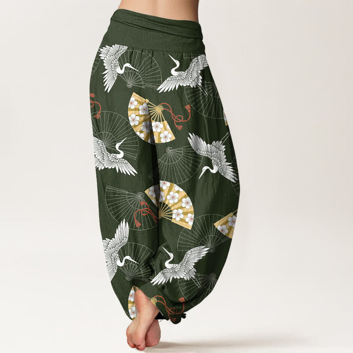Buddha Stones Pantalones harem de algodón con estampado de abanico de grulla oriental para mujer con cintura elástica. - image 2