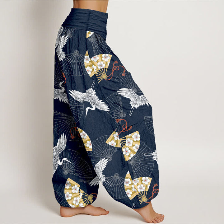 Buddha Stones Pantalones harem de algodón con estampado de abanico de grulla oriental para mujer con cintura elástica. - image 6