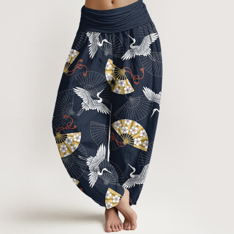 Buddha Stones Pantalones harem de algodón con estampado de abanico de grulla oriental para mujer con cintura elástica. - Azul medianoche - US16，UK/AU20，EU48 (3XL) - image 5