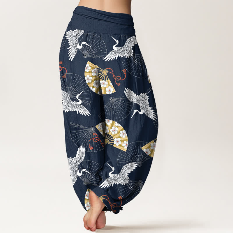 Buddha Stones Pantalones harem de algodón con estampado de abanico de grulla oriental para mujer con cintura elástica. - image 7